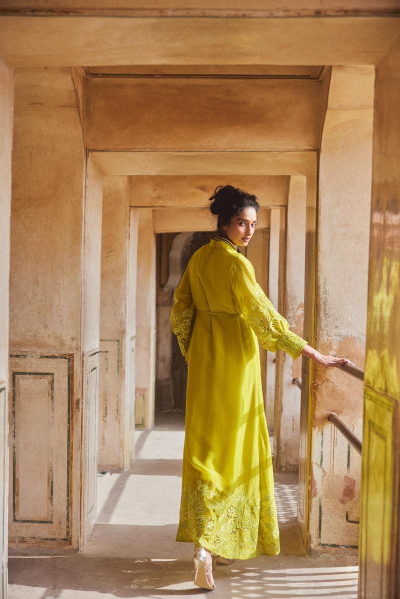 PH-2309 
Maxi-Lime yellow organza by Paulmi & Harsh in yellow color for women in Singapore