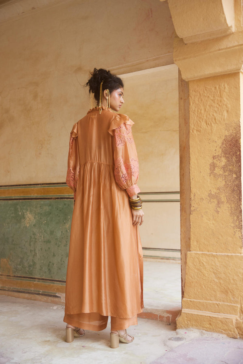 PH-2311 
Jacket 
Blouse 
Trouser Set-Peachy orange organza by Paulmi & Harsh in peach color for women in Singapore