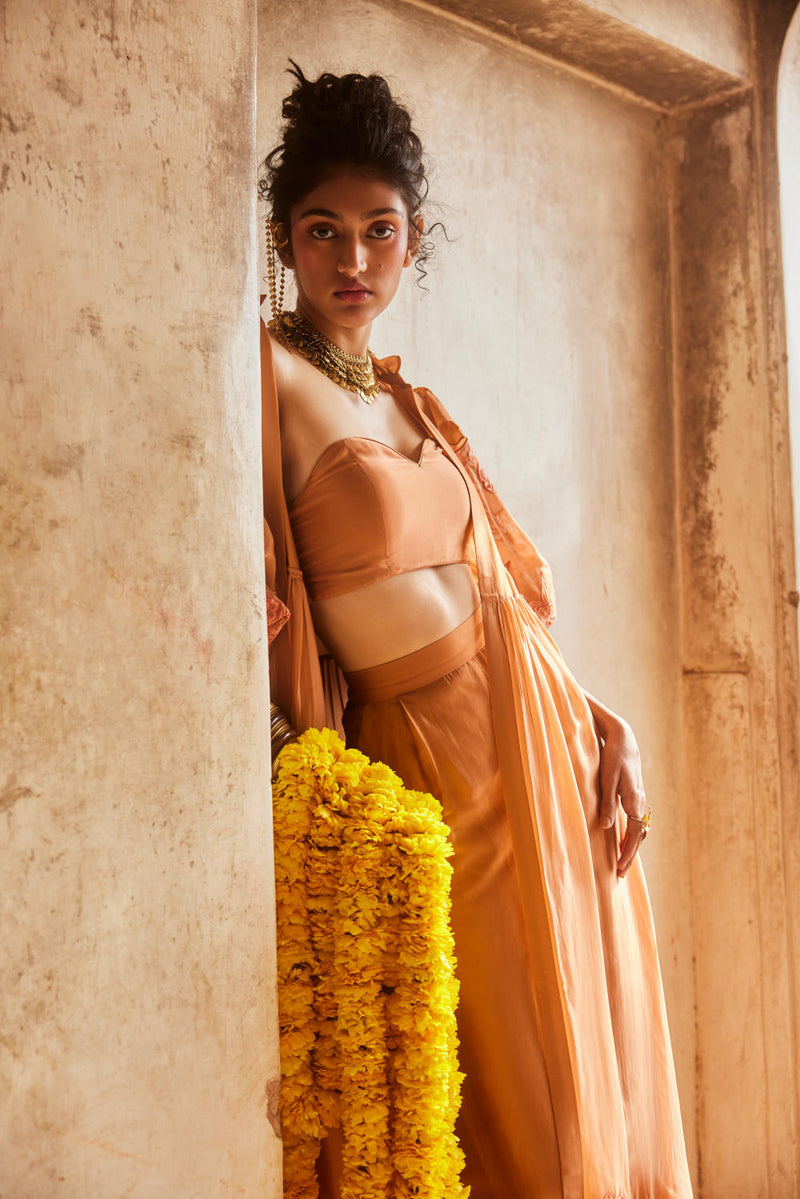 PH-2311 
Jacket 
Blouse 
Trouser Set-Peachy orange organza by Paulmi & Harsh in peach color for women in Singapore