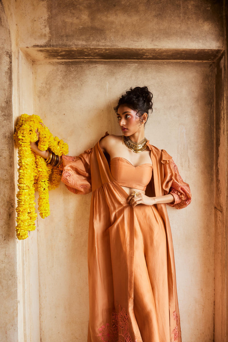 PH-2311 
Jacket 
Blouse 
Trouser Set-Peachy orange organza by Paulmi & Harsh in peach color for women in Singapore