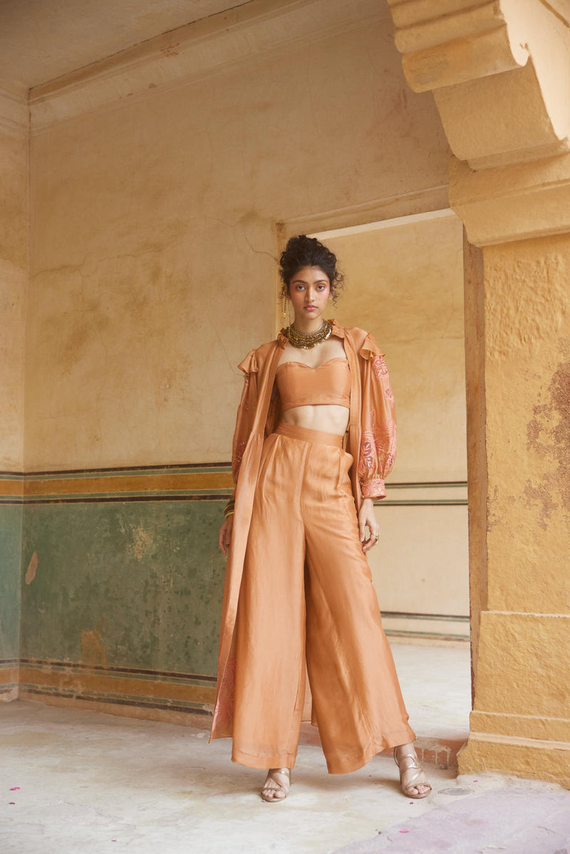 PH-2311 
Jacket 
Blouse 
Trouser Set-Peachy orange organza by Paulmi & Harsh in peach color for women in Singapore