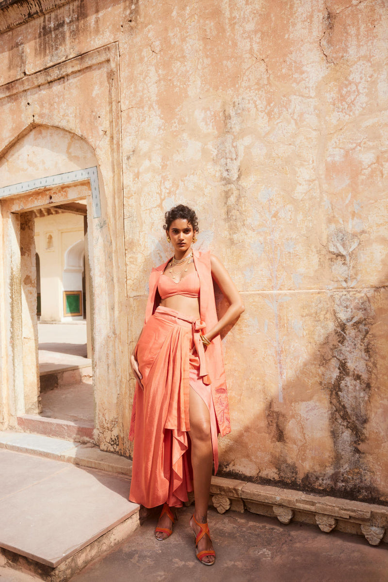 PH-2312 
Jacket 
Blouse 
Skirt Set-Coral linen by Paulmi & Harsh for women in Singapore