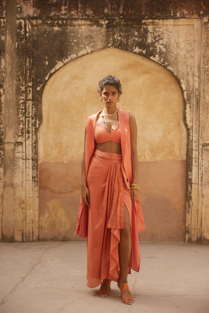 PH-2312 
Jacket 
Blouse 
Skirt Set-Coral linen by Paulmi & Harsh for women in Singapore