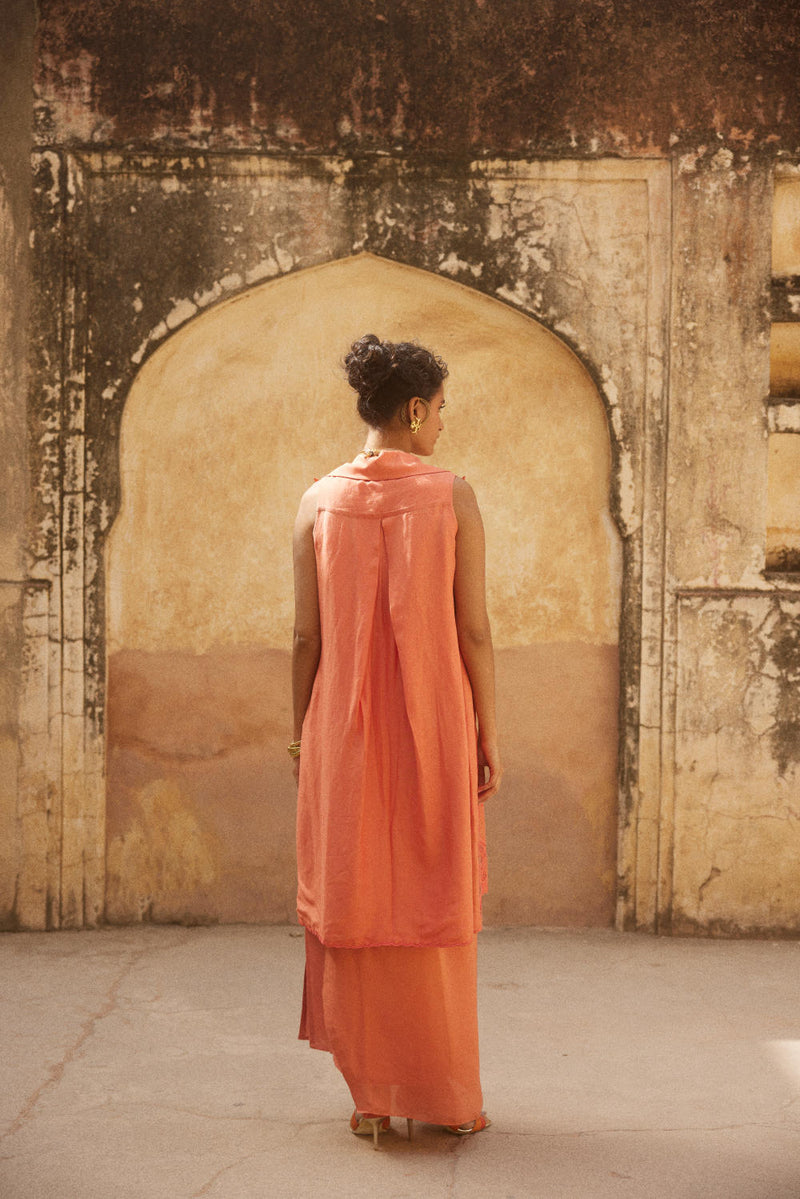 PH-2312 
Jacket 
Blouse 
Skirt Set-Coral linen by Paulmi & Harsh for women in Singapore