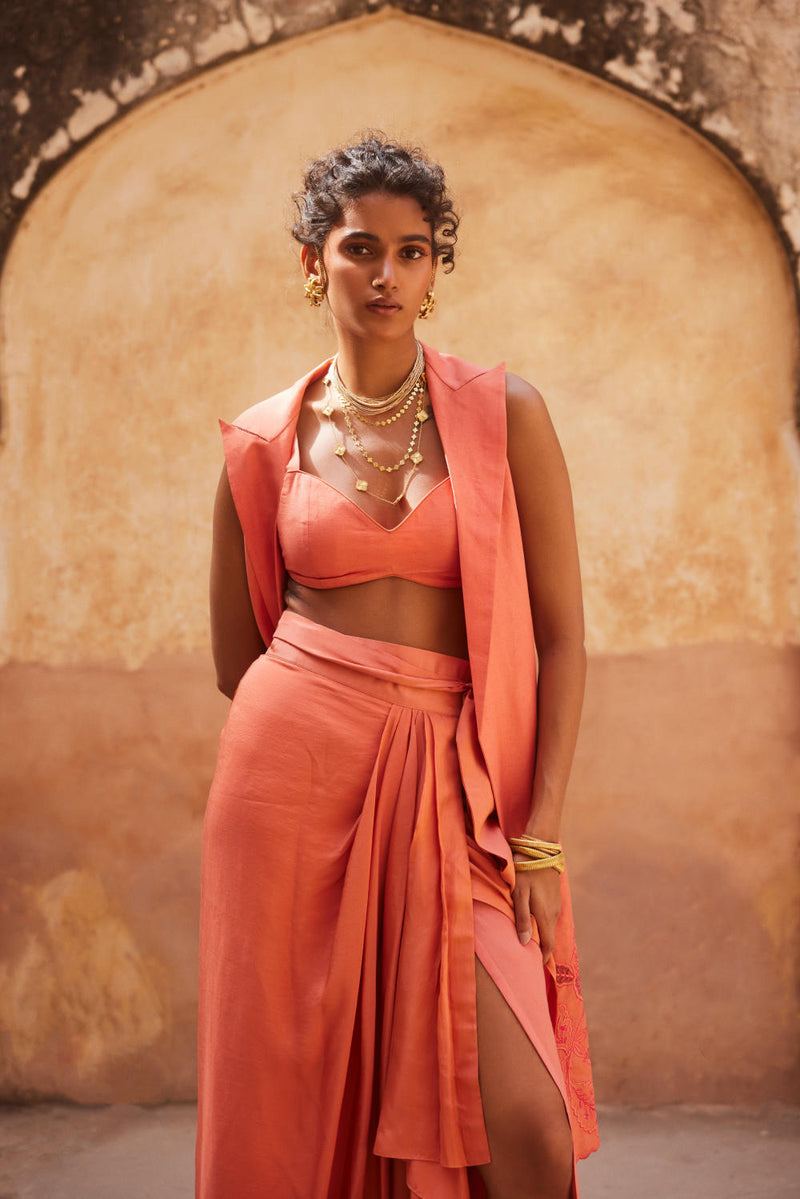 PH-2312 
Jacket 
Blouse 
Skirt Set-Coral linen by Paulmi & Harsh for women in Singapore