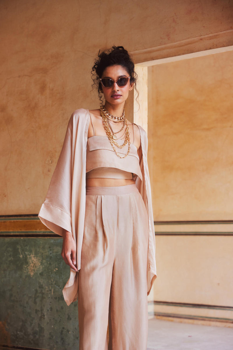 PH-2313 Blouse Jacket Trouser Set-Shell pink organza by Paulmi & Harsh in pink color for women in Singapore