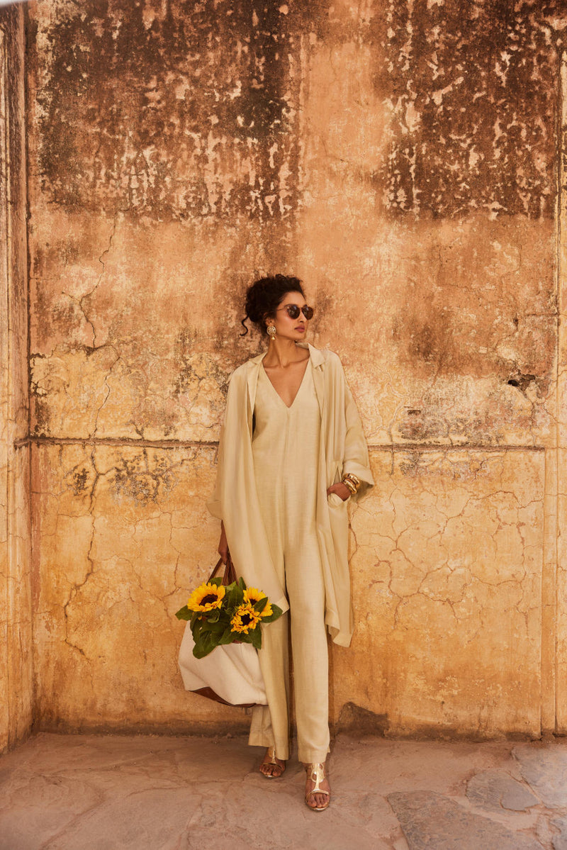 PH-2314 Jumpsuit Jacket Set-Ivory linen by Paulmi & Harsh in ivory color for women in Singapore