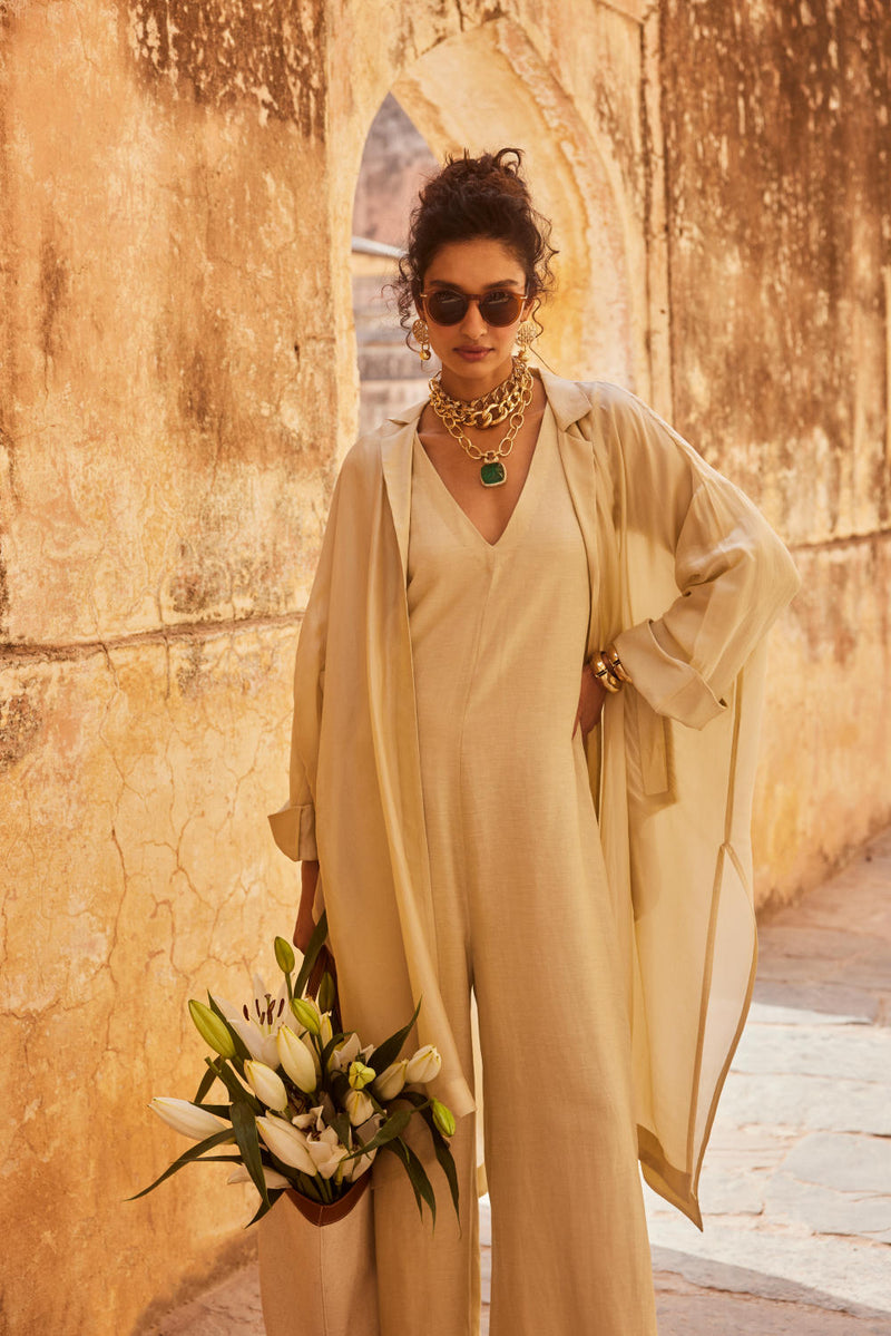 PH-2314 Jumpsuit Jacket Set-Ivory linen by Paulmi & Harsh in ivory color for women in Singapore