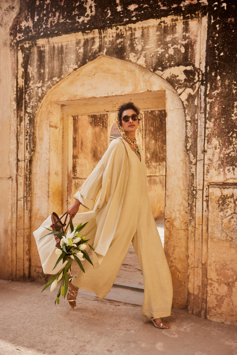 PH-2314 Jumpsuit Jacket Set-Ivory linen by Paulmi & Harsh in ivory color for women in Singapore