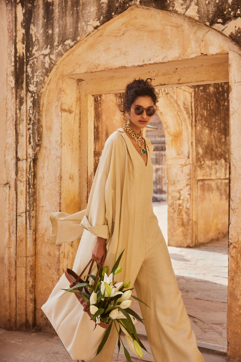 PH-2314 Jumpsuit Jacket Set-Ivory linen by Paulmi & Harsh in ivory color for women in Singapore