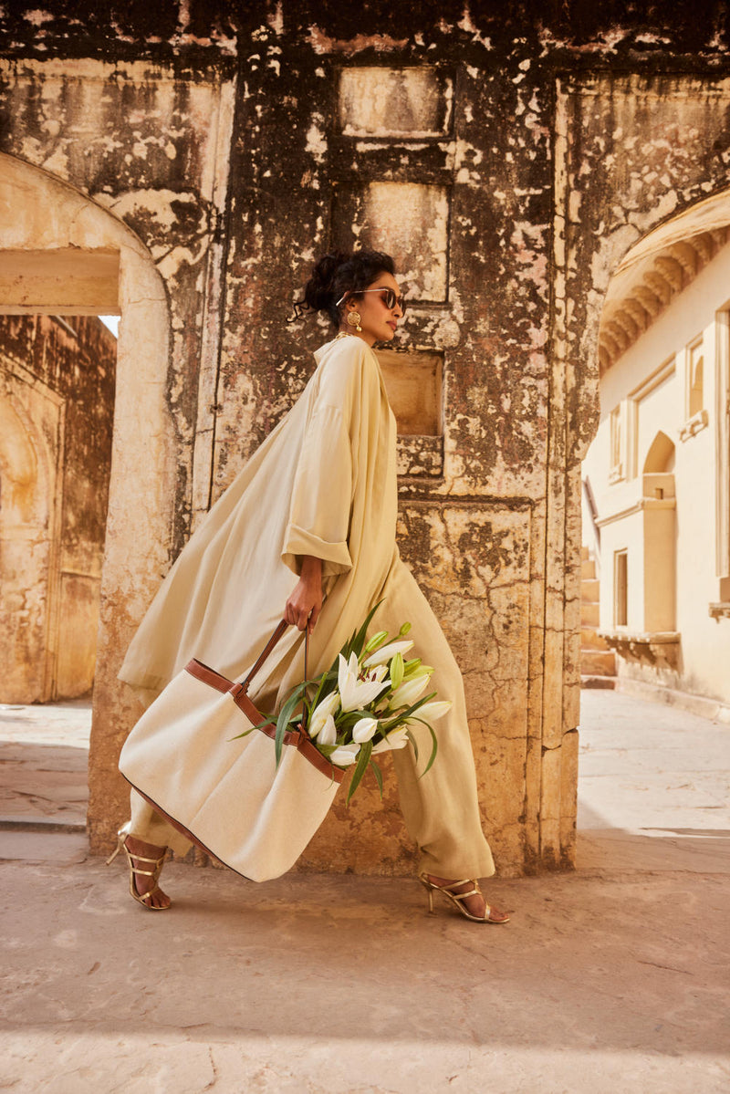 PH-2314 Jumpsuit Jacket Set-Ivory linen by Paulmi & Harsh in ivory color for women in Singapore