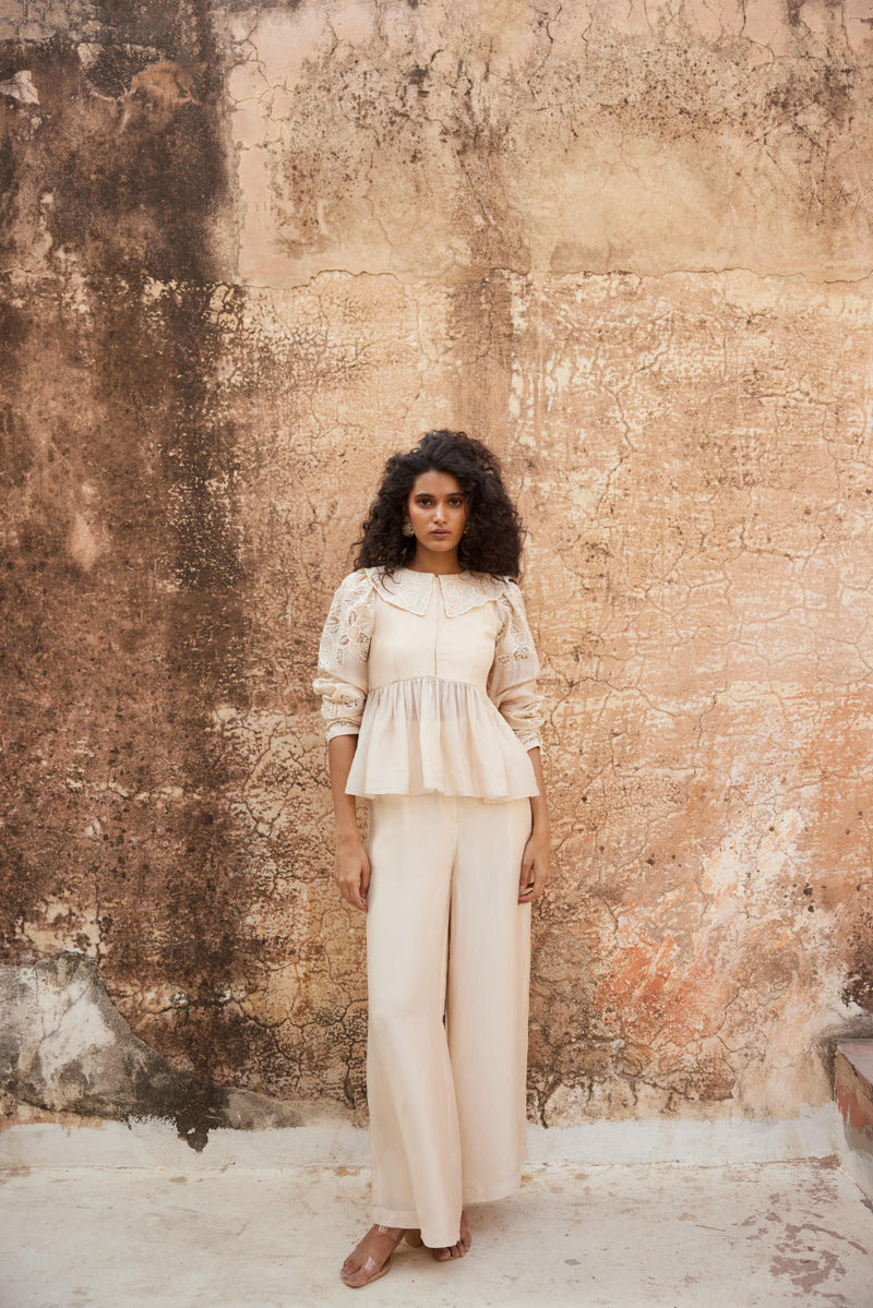 PH-2315 
Peplum 
Trouser Set-Ivory organza by Paulmi & Harsh in ivory color for women in Singapore