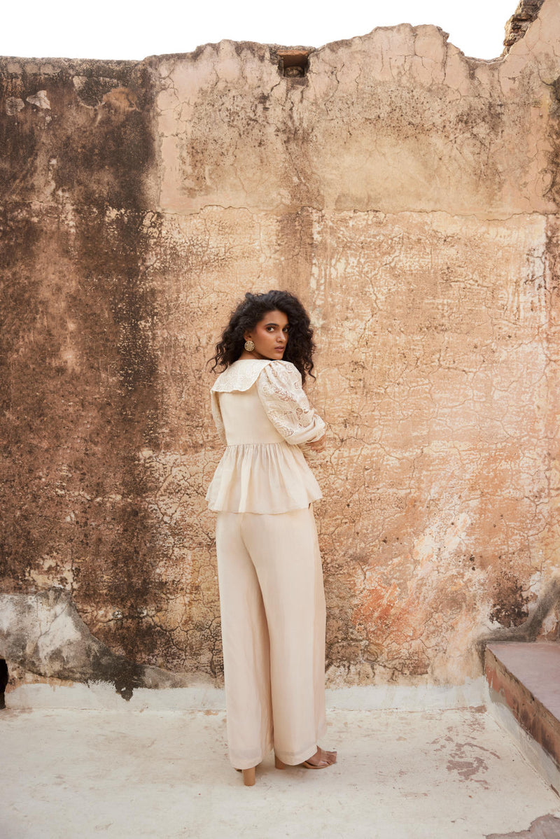 PH-2315 
Peplum 
Trouser Set-Ivory organza by Paulmi & Harsh in ivory color for women in Singapore