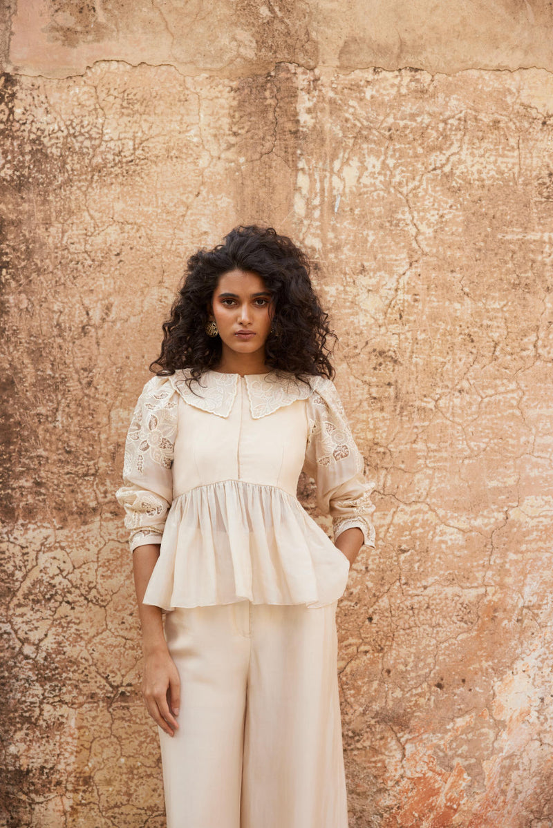 PH-2315 
Peplum 
Trouser Set-Ivory organza by Paulmi & Harsh in ivory color for women in Singapore