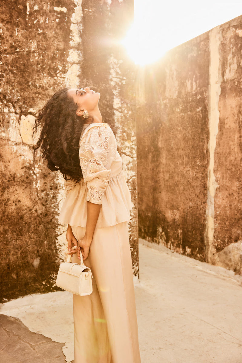 PH-2315 
Peplum 
Trouser Set-Ivory organza by Paulmi & Harsh in ivory color for women in Singapore