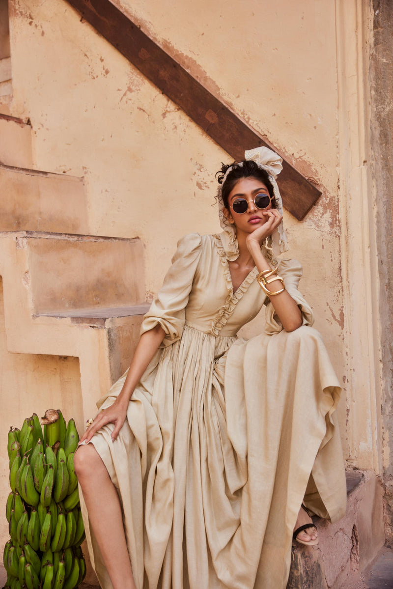 PH-2316 Maxi -Ivory linen by Paulmi & Harsh in ivory color for women in Singapore