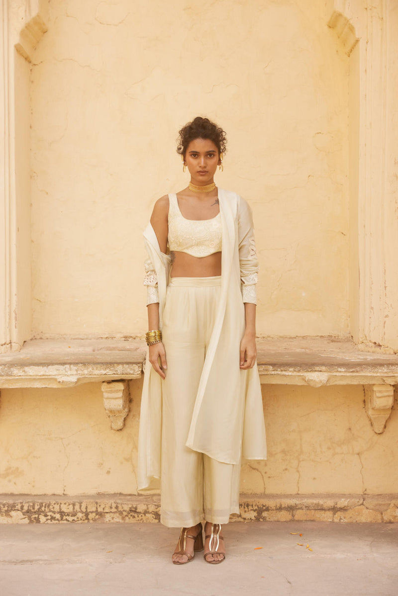 PH-2317 
Blouse 
Jacket 
Trouser Set-Ivory organza by Paulmi & Harsh in ivory color for women in Singapore