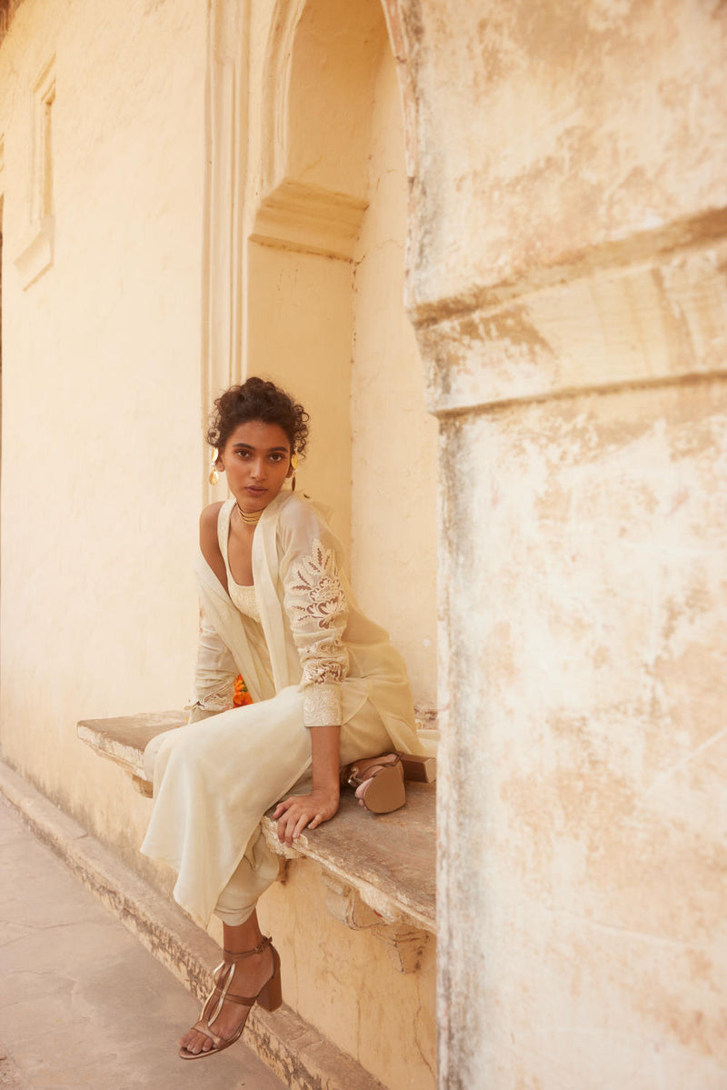 PH-2317 
Blouse 
Jacket 
Trouser Set-Ivory organza by Paulmi & Harsh in ivory color for women in Singapore