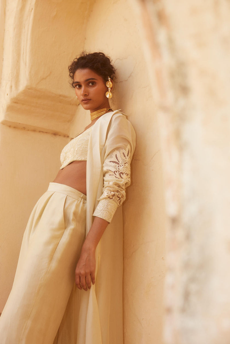 PH-2317 
Blouse 
Jacket 
Trouser Set-Ivory organza by Paulmi & Harsh in ivory color for women in Singapore
