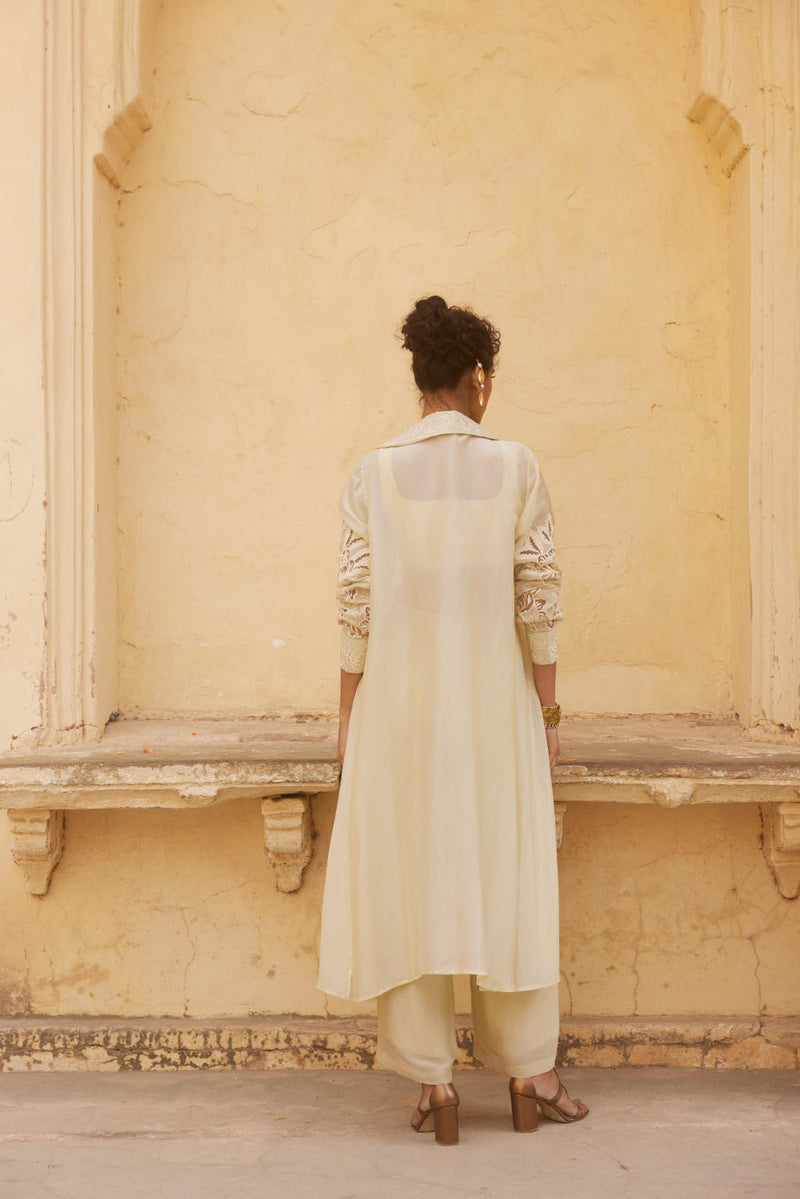 PH-2317 
Blouse 
Jacket 
Trouser Set-Ivory organza by Paulmi & Harsh in ivory color for women in Singapore