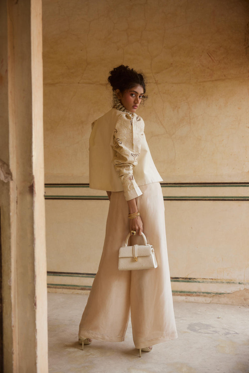 PH-2318 04 
Jacket 
Blouse 
Trouser 
Scarf Set-Ivory organza by Paulmi & Harsh in ivory color for women in Singapore