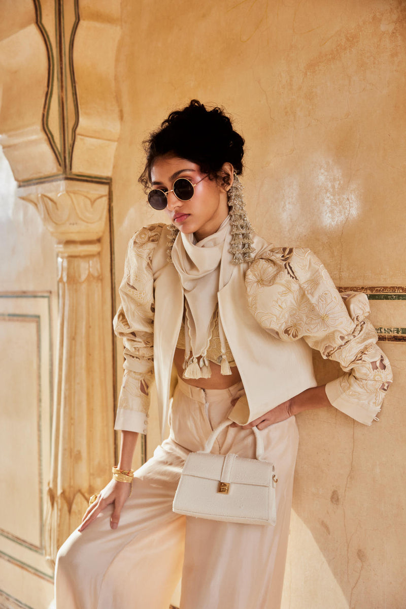 PH-2318 04 
Jacket 
Blouse 
Trouser 
Scarf Set-Ivory organza by Paulmi & Harsh in ivory color for women in Singapore