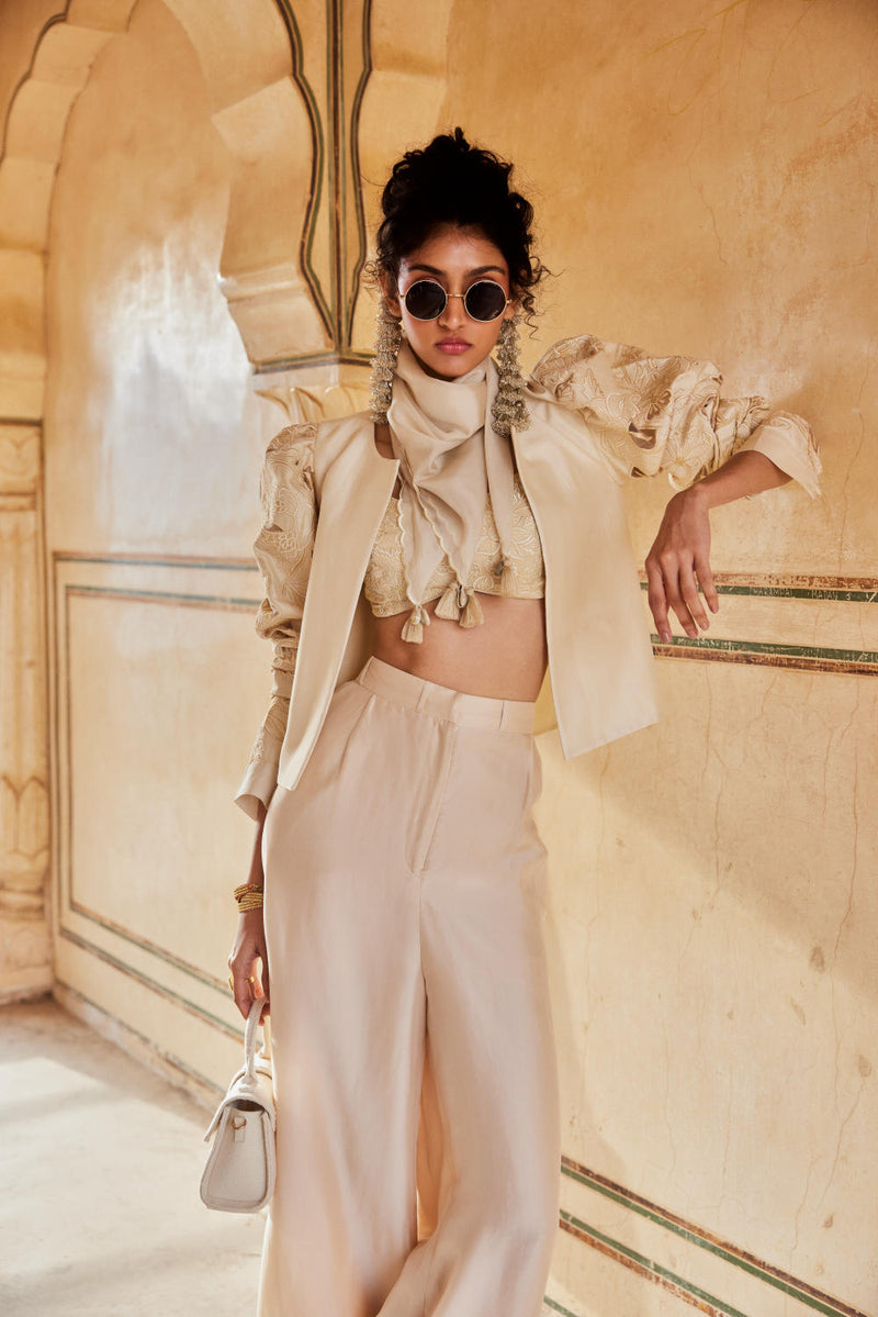 PH-2318 04 
Jacket 
Blouse 
Trouser 
Scarf Set-Ivory organza by Paulmi & Harsh in ivory color for women in Singapore