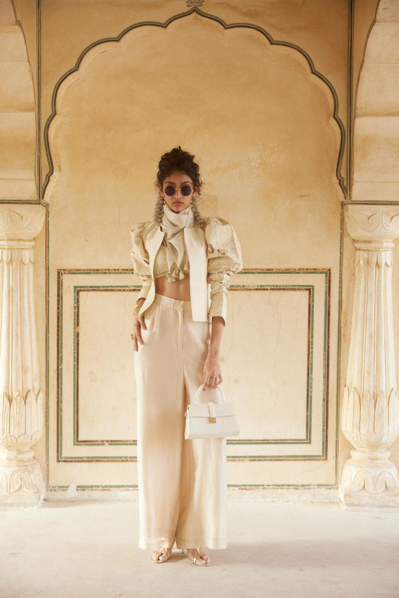 PH-2318 04 
Jacket 
Blouse 
Trouser 
Scarf Set-Ivory organza by Paulmi & Harsh in ivory color for women in Singapore