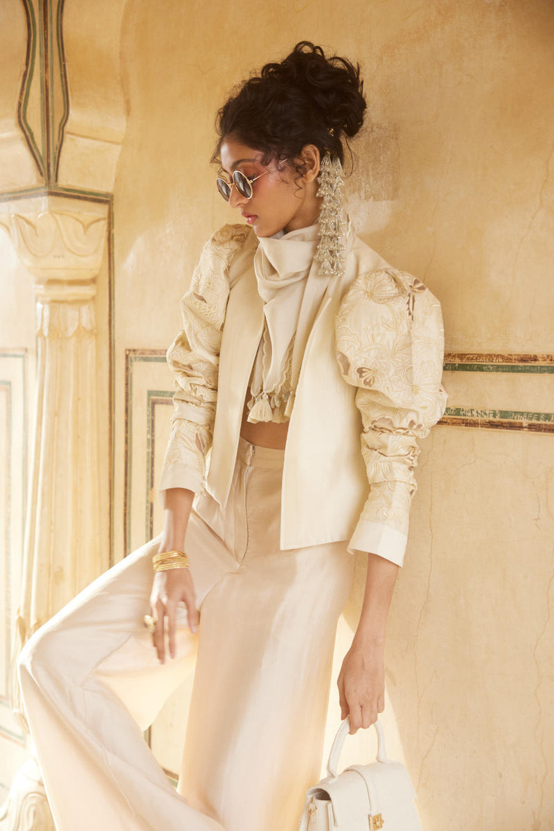 PH-2318 04 
Jacket 
Blouse 
Trouser 
Scarf Set-Ivory organza by Paulmi & Harsh in ivory color for women in Singapore