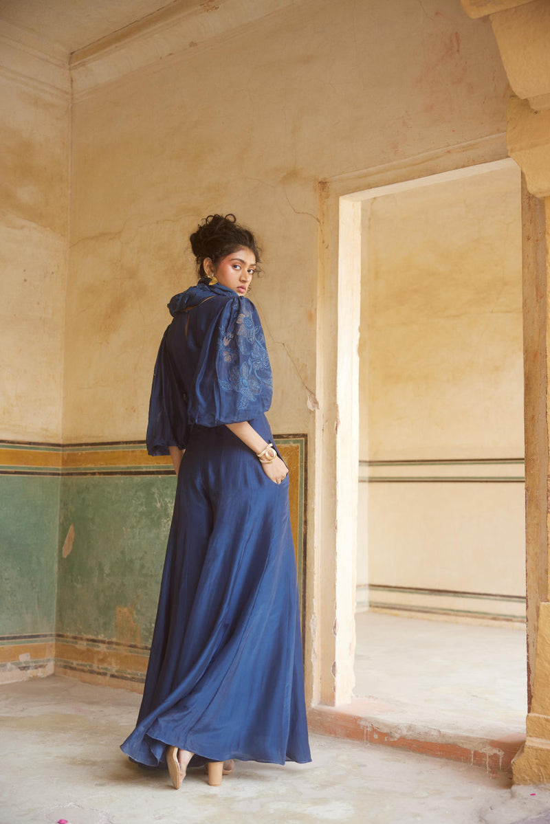 PH-2319 
Jumpsuit 
Scarf Set-Blue organza by Paulmi & Harsh in blue color for women in Singapore