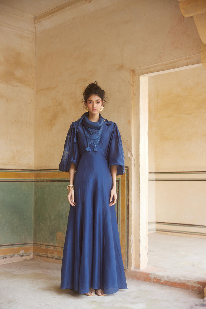 PH-2319 
Jumpsuit 
Scarf Set-Blue organza by Paulmi & Harsh in blue color for women in Singapore