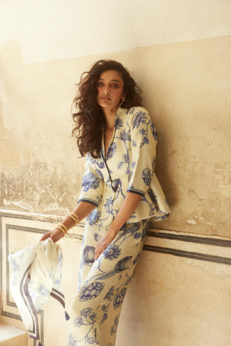 PH-2320 
Peplum 
Trouser Set-Ivory with blue print by Paulmi & Harsh in ivory color for women in Singapore