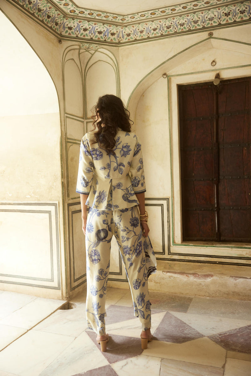 PH-2320 
Peplum 
Trouser Set-Ivory with blue print by Paulmi & Harsh in ivory color for women in Singapore