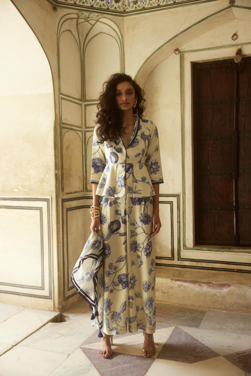PH-2320 
Peplum 
Trouser Set-Ivory with blue print by Paulmi & Harsh in ivory color for women in Singapore
