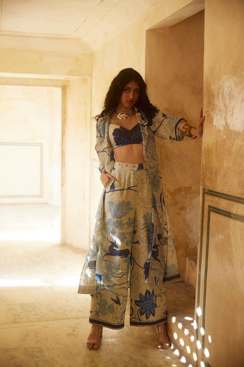 PH-2321 
Bustier 
Trouser 
Jacket Set-Ivory with blue print by Paulmi & Harsh in ivory color for women in Singapore