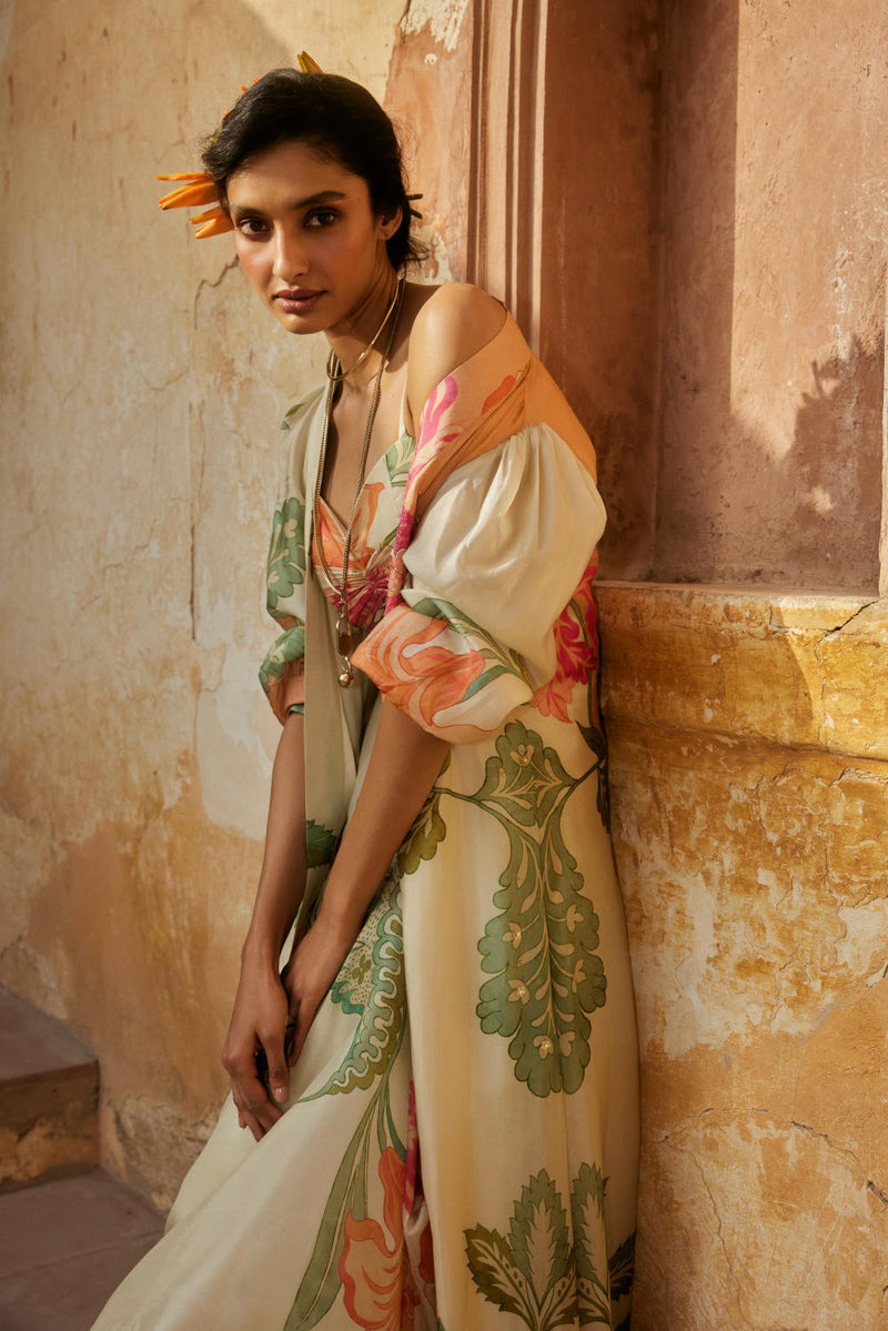 PH-2324 
Blouse 
Trouser 
Jacket Set-Ivory with multi color pastelprint mul by Paulmi & Harsh in multi color for women in Singapore