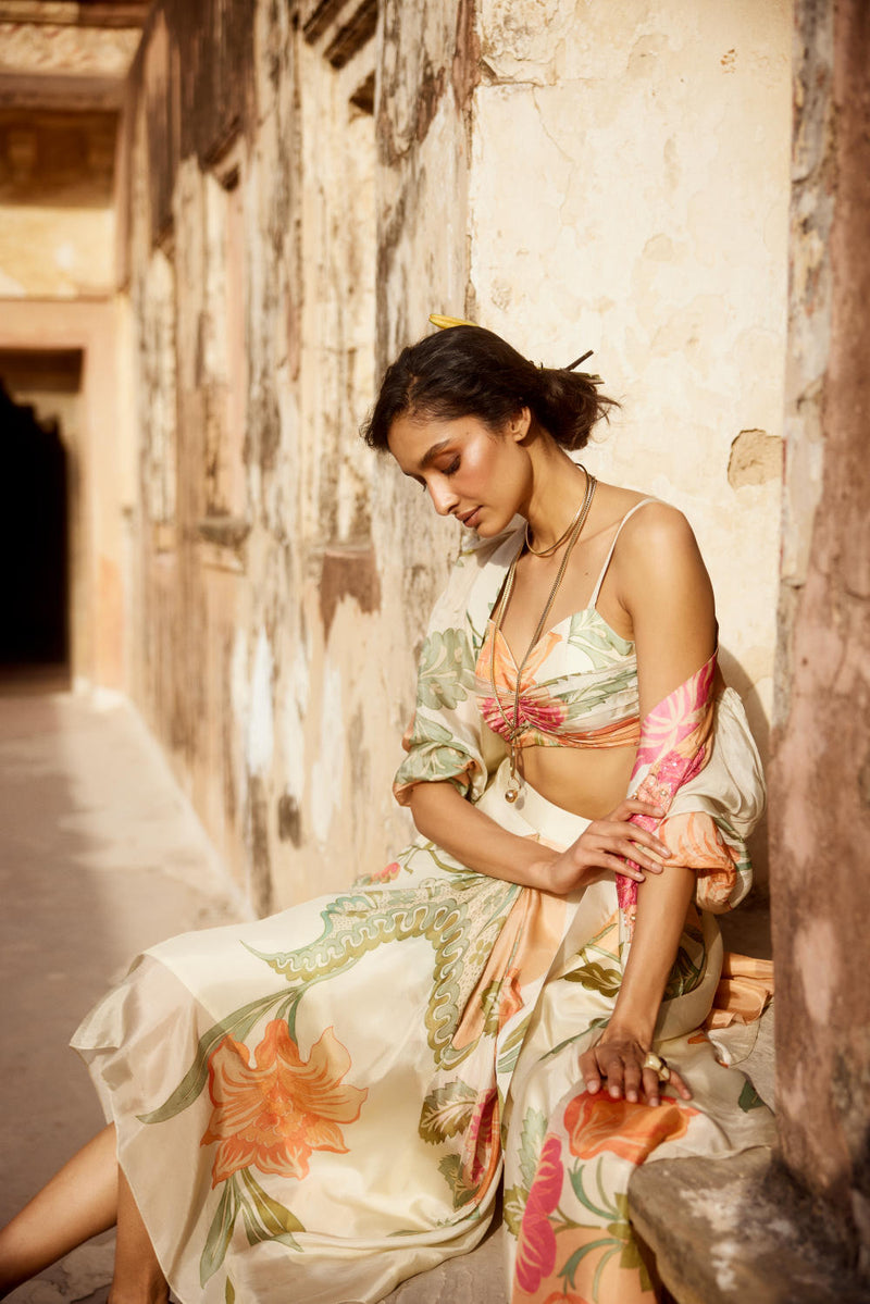 PH-2324 
Blouse 
Trouser 
Jacket Set-Ivory with multi color pastelprint mul by Paulmi & Harsh in multi color for women in Singapore