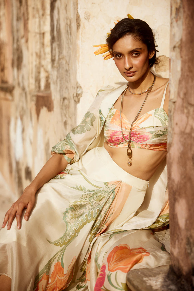 PH-2324 
Blouse 
Trouser 
Jacket Set-Ivory with multi color pastelprint mul by Paulmi & Harsh in multi color for women in Singapore