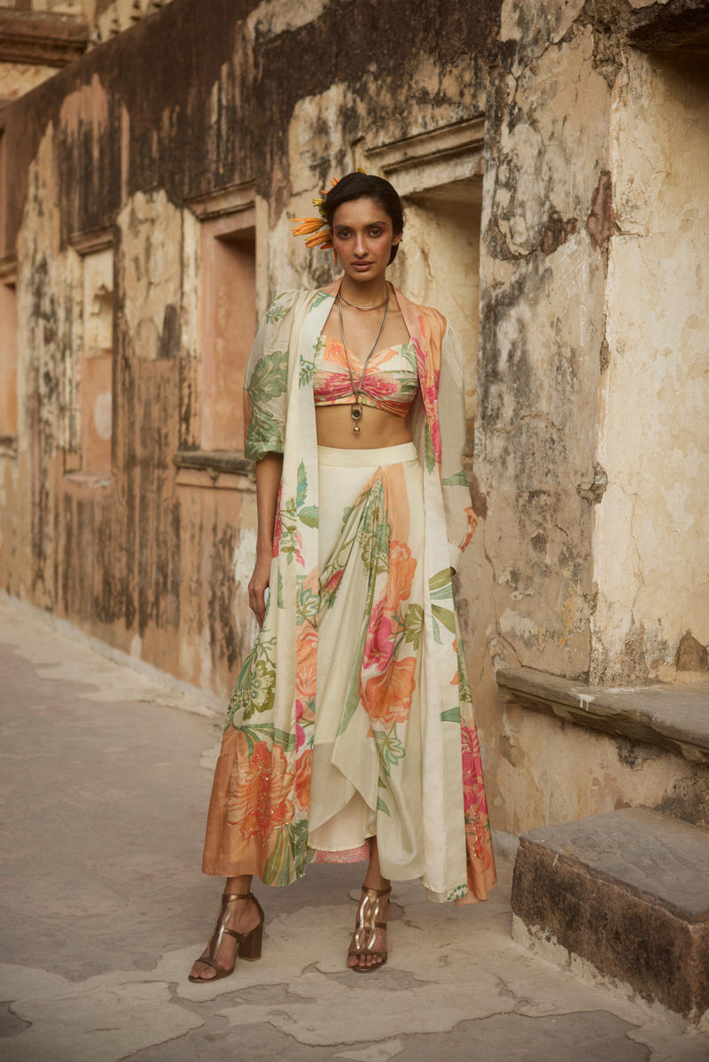 PH-2324 
Blouse 
Trouser 
Jacket Set-Ivory with multi color pastelprint mul by Paulmi & Harsh in multi color for women in Singapore