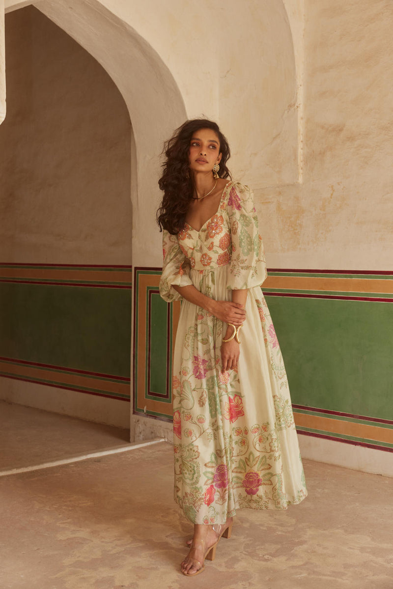 PH-2325 
Maxi-Ivory with multi color florals mul by Paulmi & Harsh in multi color for women in Singapore