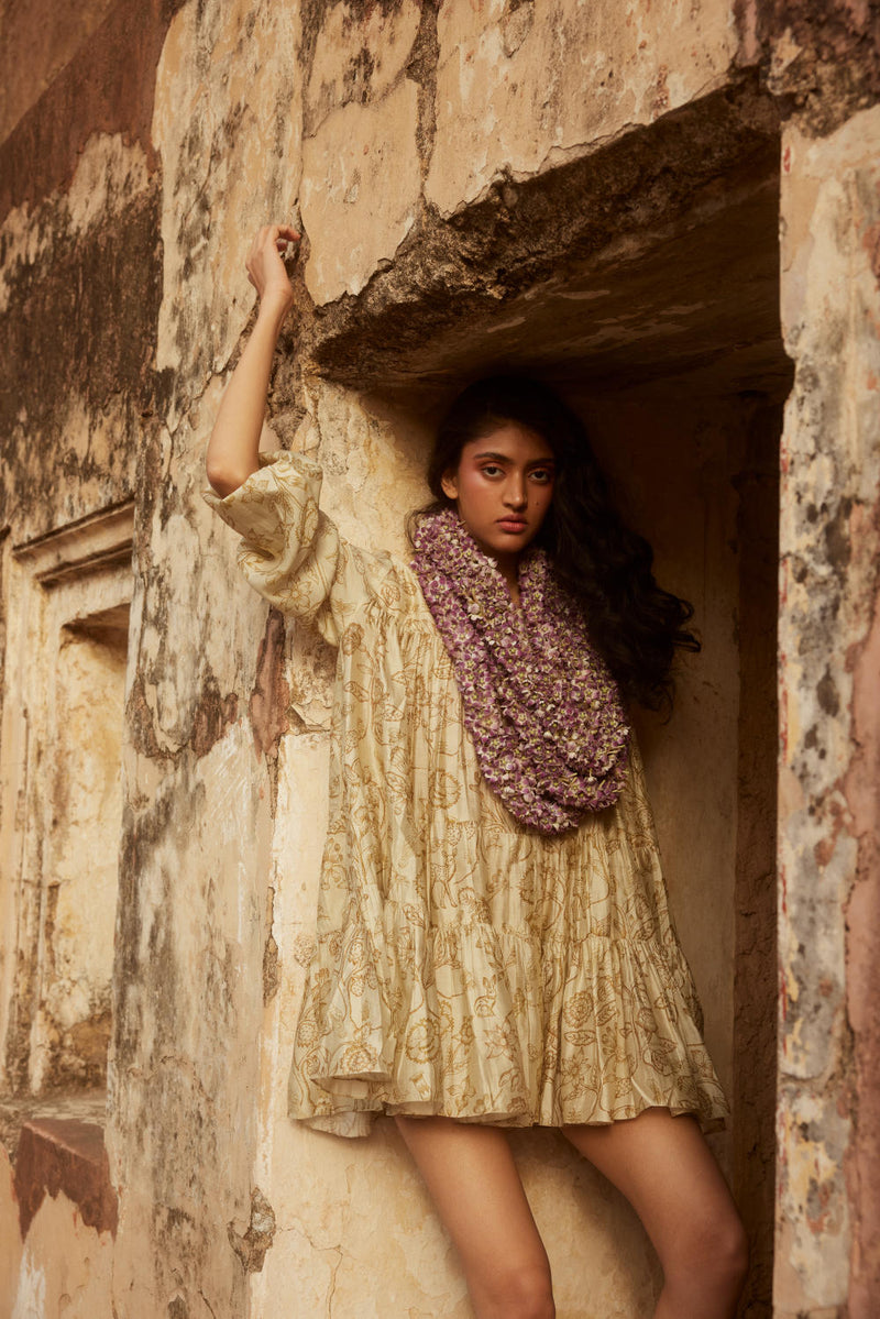 PH-2326 
Short dress 
Inner Set-Ivory with print silk by Paulmi & Harsh in ivory color for women in Singapore