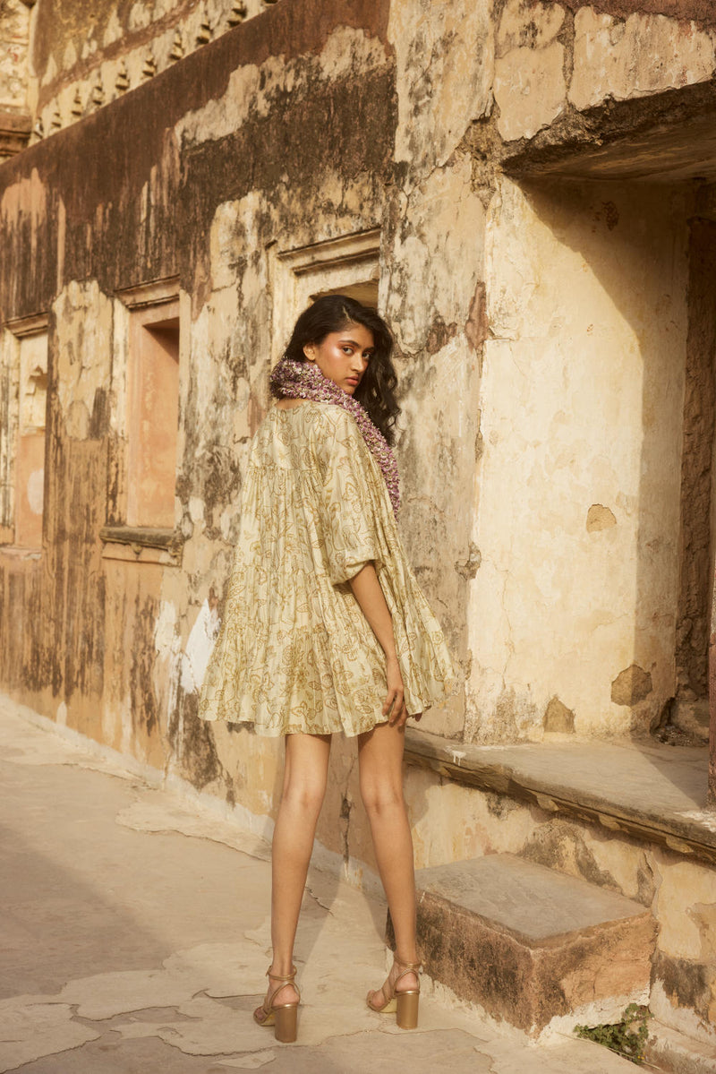 PH-2326 
Short dress 
Inner Set-Ivory with print silk by Paulmi & Harsh in ivory color for women in Singapore