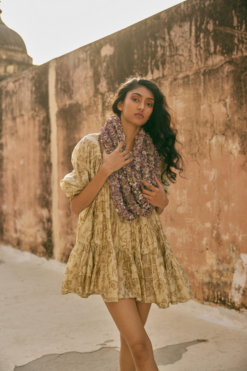 PH-2326 
Short dress 
Inner Set-Ivory with print silk by Paulmi & Harsh in ivory color for women in Singapore