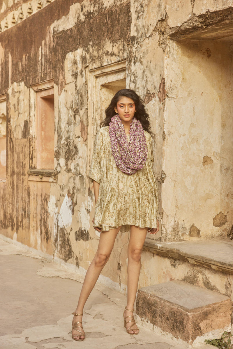 PH-2326 
Short dress 
Inner Set-Ivory with print silk by Paulmi & Harsh in ivory color for women in Singapore