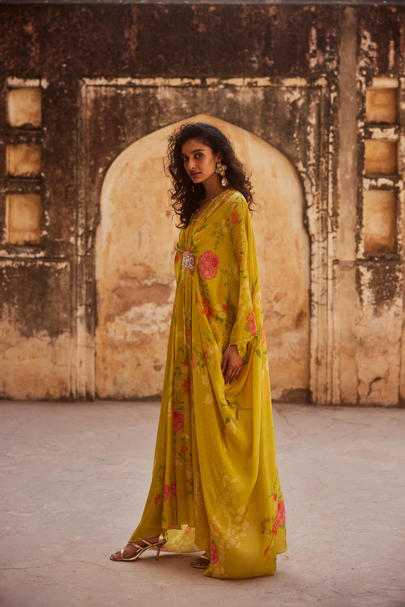 PH-2327 
Kaftan 
Inner Set-Lime yellow with multi color print by Paulmi & Harsh for women in Singapore