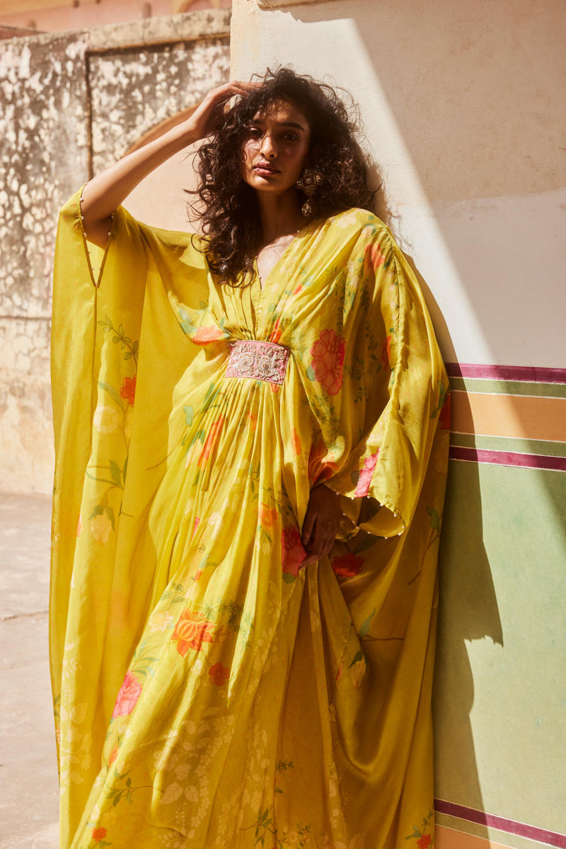 PH-2327 
Kaftan 
Inner Set-Lime yellow with multi color print by Paulmi & Harsh for women in Singapore