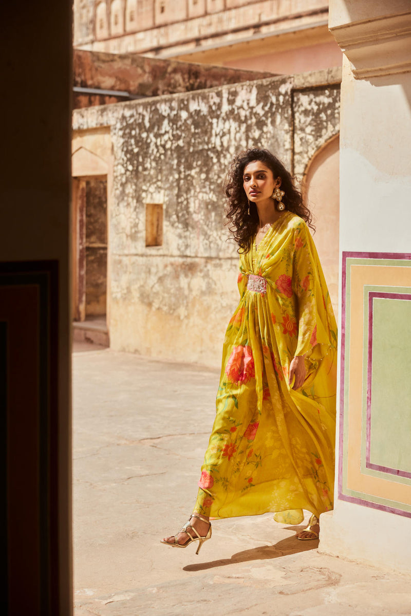 PH-2327 
Kaftan 
Inner Set-Lime yellow with multi color print by Paulmi & Harsh for women in Singapore