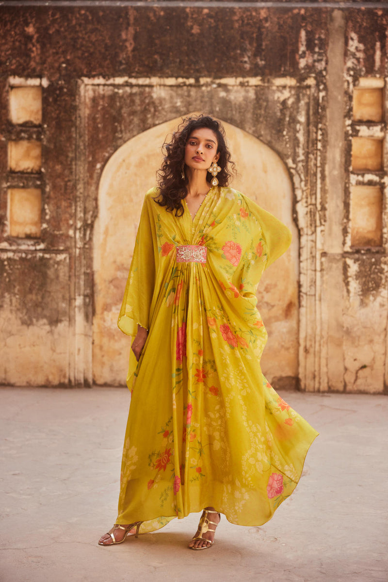 PH-2327 
Kaftan 
Inner Set-Lime yellow with multi color print by Paulmi & Harsh for women in Singapore