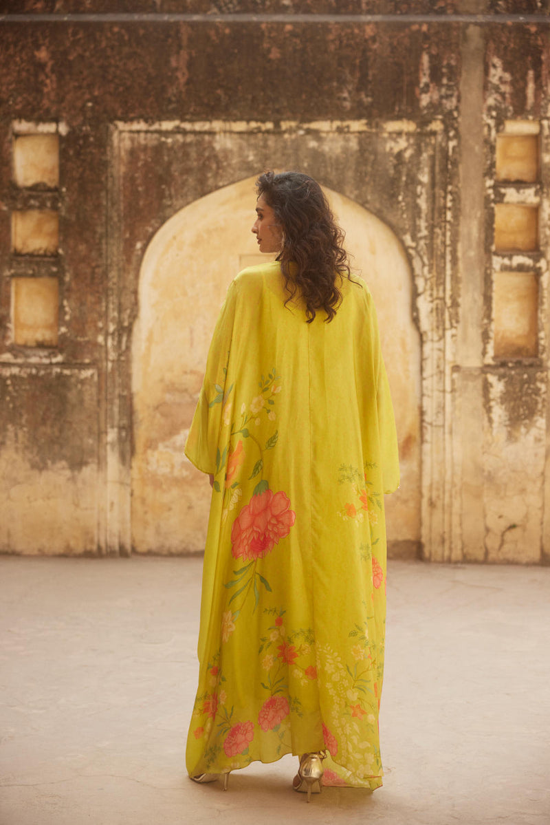 PH-2327 
Kaftan 
Inner Set-Lime yellow with multi color print by Paulmi & Harsh for women in Singapore