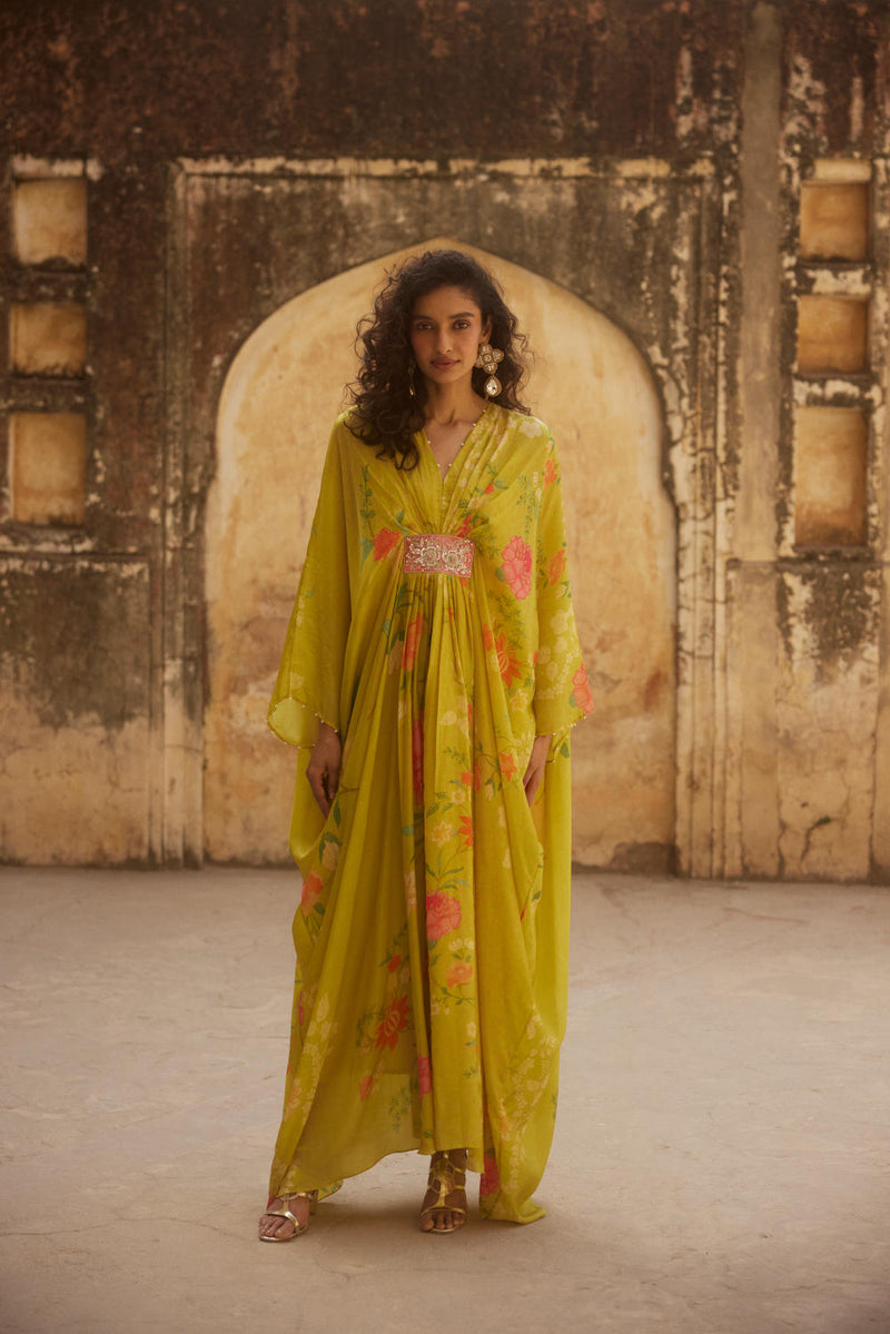 PH-2327 
Kaftan 
Inner Set-Lime yellow with multi color print by Paulmi & Harsh for women in Singapore